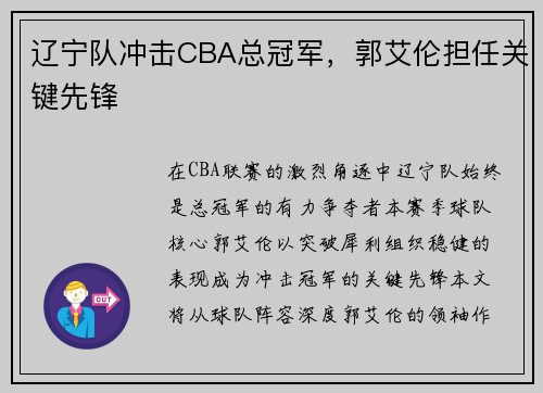 辽宁队冲击CBA总冠军，郭艾伦担任关键先锋